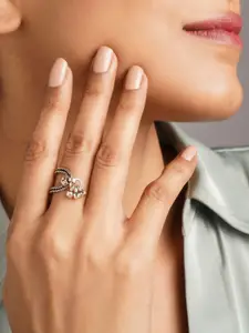 JAYPORE Silver-Plated Beaded-Studded Adjustable Finger Ring