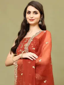 Meena Bazaar Floral Embroidered Beads & Stones Organza Unstitched Dress Material