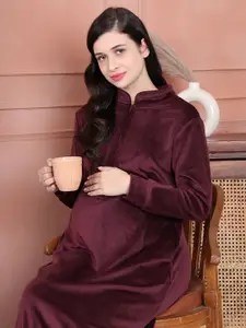 Secret Wish Mandarin Collar Velvet Maxi Maternity Nightdress