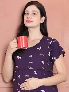 Secret Wish Floral Hosiery Printed Pure Cotton Maternity Midi Nightdress