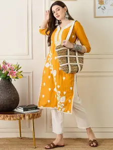 Anouk Notch Neck Floral Embroidered Thread Work Straight Kurta