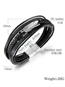 MEENAZ Men Silver-Plated Stainless Steel Leather Multistrand Bracelet