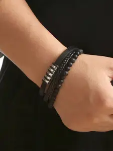 MEENAZ Men Silver-Plated Stainless Steel Leather Multistrand Bracelet