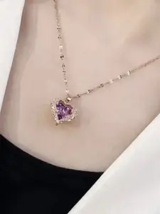 V FASHION JEWELLERY Gold-Plated Stainless Steel CZ Studded Heart Shaped Pendant With Chain