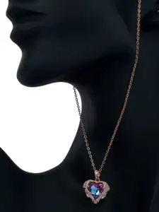 V FASHION JEWELLERY Rose Gold-Plated CZ Studded Stainless Steel Heart Shaped Pendant Chain