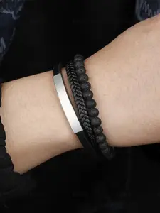 MEENAZ Men Silver-Plated Stainless Steel Leather Antique Multistrand Bracelet