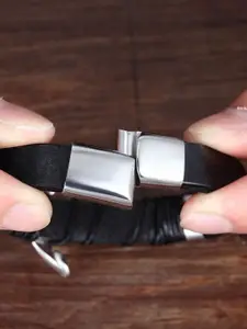 MEENAZ Men Silver-Plated Stainless Steel Leather Antique Kada Bracelet