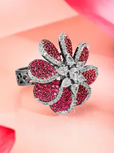 Rubans Rhodium Plated Cubic Zirconia-Studded Floral Adjustable Finger Ring