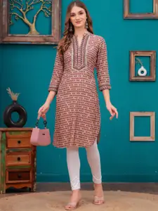 HIGHLIGHT FASHION EXPORT Floral Printed Mandarin Collar Thread Work Straight Kurta