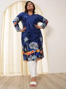Amydus Plus Size Floral Printed Thread Work Floral Velvet Kurta