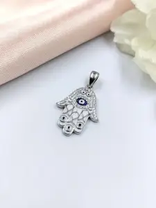AMONROO 925 Sterling Silver Rhodium-Plated Enamel CZ Studded Hamsa Hand Evil Eye Pendant