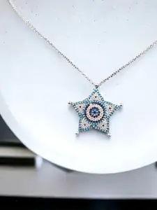 AMONROO 925 Sterling Silver Rhodium-Plated CZ Studded Star Evil Eye Pendant Chain