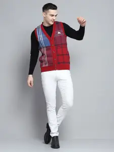 Monte Carlo Men V-Neck Checked Sleeveless Woollen Cardigan
