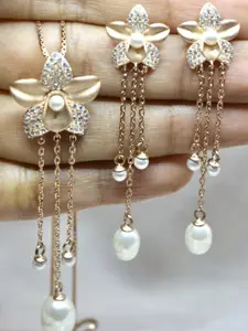 Luxevogue Rose Gold-Plated Cubic Zirconia Stone-Studded & Beaded Pendant Set