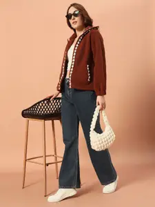 The Dry State Women Shirt Collar Self Design Front-Open Sweaters