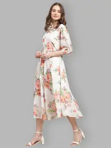 Fabflee Women Floral Print Puff Sleeve Chiffon Fit & Flare Dress