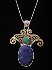 Exotic India Victorian Style Sterling Silver Pendant with Faceted Lapis Lazuli and Emerald
