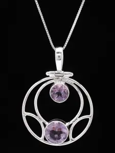 Exotic India Round Shape Sterling Silver Pendant with Duplet Faceted Amethyst