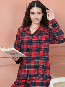 Secret Wish Women Lapel Collar Checked Night suit