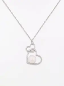 DIAVO 925 Sterling Silver Rhodium-Plated Pearls Heart Shaped Pendant With Chain