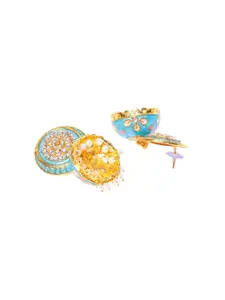 DIVASTRI Gold-Plated Artificial Stones Studded & Beaded Dome Shaped Meenakari Jhumkas