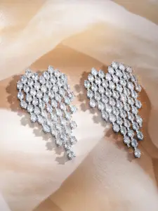 Rubans Rhodium-Plated Teardrop Crystal Zirconia Dangle Earrings with Heart Details