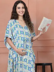 Secret Wish Women Printed V-Neck Pure Cotton Maxi Maternity Kaftan Nightdress