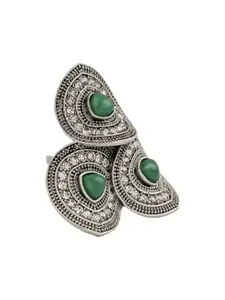 TEEJH Padmavathi Silver Women Green Silver-Plated Gemstone Studded Ring