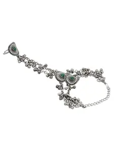 TEEJH Shraddha Hathphool Oxidised Silver-Plated Ring Bracelet
