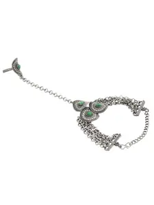 TEEJH Khushboo Turquoise Hathphool Oxidised Silver-Plated Ring Bracelet
