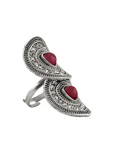 TEEJH Sarama Silver Women Maroon Silver-Plated Gemstone Studded Ring