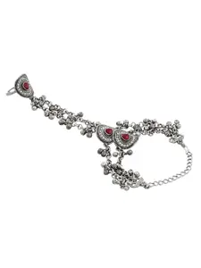 TEEJH Sonali Mehroon Hathphool Oxidised Silver-Plated Ring Bracelet