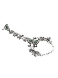 TEEJH Yashwi Turquoise Hathphool Oxidised Silver-Plated Ring Bracelet