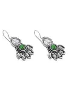 TEEJH Ayeshna Floral Silver-Plated Artificial Stones Alloy Oxidised Drop Earrings