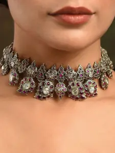 JAYPORE Silver-Plated Stone Studded Statement Necklace