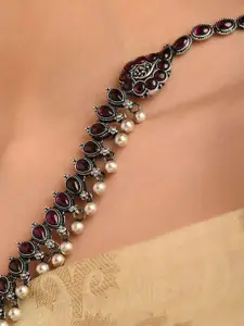 JAYPORE Silver-Plated Stone Studded & Beaded Necklace