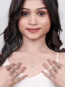 Zalkari Sterling Silver Rhodium-Plated Cubic Zirconia-Studded Falling Drop Pendant