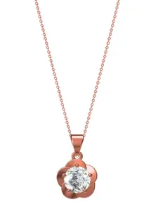 Zalkari Rose Gold-Plated Sterling Silver Floral Cubic Zirconia Pendant with Chain
