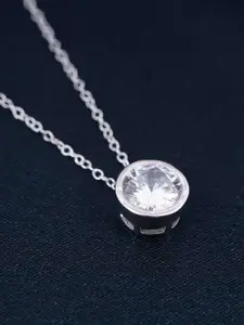 Zalkari 92.5 Sterling Silver Rhodium-Plated Cubic Zirconia Circular Pendant With Chain