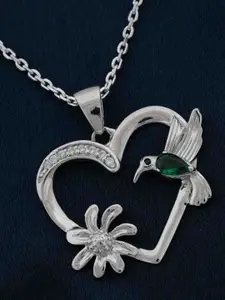 Zalkari 925 Sterling Silver Rhodium-Plated Cubic Zirconia Heart Shaped Pendant