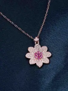 Zalkari 92.5 Sterling Silver Rhodium-Plated Cubic Zirconia Floral Pendant
