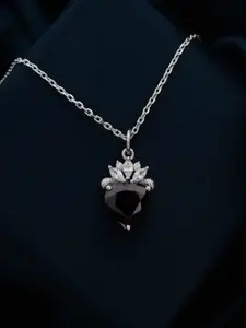 Zalkari Sterling Silver Rhodium-Plated Cubic Zirconia-Studded Heart Crown Pendant