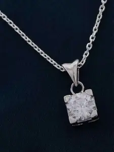 Zalkari Sterling Silver Rhodium-Plated CZ-Studded Classy Solitaire Square Pendant