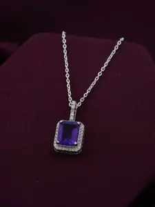 Zalkari Sterling Silver Rhodium-Plated Cubic Zirconia-Studded Square Pendant
