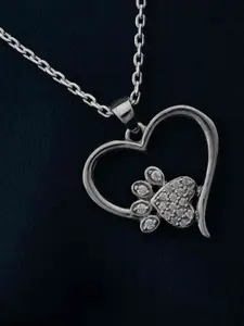 Zalkari Rhodium-Plated Sterling Silver Cubic Zirconia Dog Paw Heart Shaped Pendant