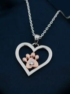 Zalkari Rhodium-Plated Sterling Silver Cubic Zirconia Heart Paw Two Tone Pendant