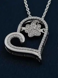 Zalkari Rhodium-Plated Sterling Silver Cubic Zirconia Heart Dog Paw Pendant