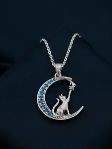 Zalkari Sterling Silver Rhodium-Plated CZ Studded Circular Moon Cat Shaped Pendant
