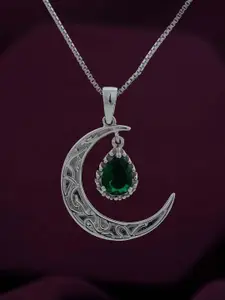 Zalkari Sterling Silver Rhodium-Plated CZ Studded Eclipse Crescent Moon Shaped Pendant