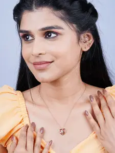 Zalkari Sterling Silver Rose Gold-Plated CZ Studded Heart Shaped Pendant